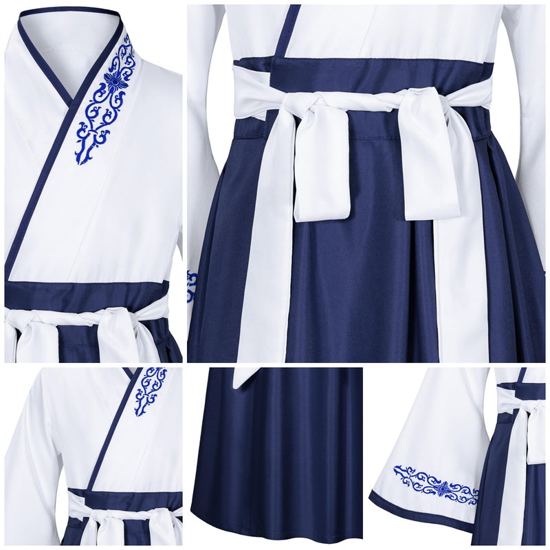 Elibelle Asian Traditional Dress Kimono Robe for Kids Girls Costume Silk Folding Fans hairstick Cosplay(White Navy150cm - Image 4